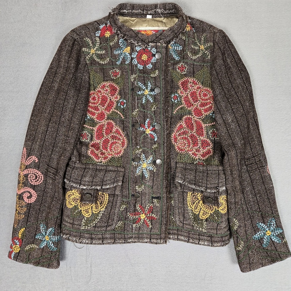 Johnny Was BIYA Jacket Womens Small Wool Embroidered Tweed Boho Floral Blazer